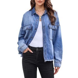 Vintage washed blue denim shirt for women with dropped shoulders and frayed edge details