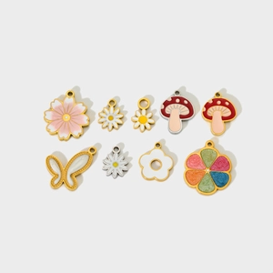 Gold-plated stainless steel flower and mushroom enamel charms for DIY jewelry making