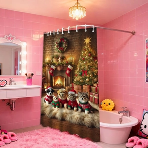 Detail of Christmas shower curtain with pets wearing Santa hats by a fireplace