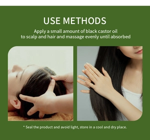 Infographic showing use methods and storage instructions for black castor hair oil