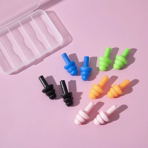 5 pairs of multi-colored silicone earplugs in a clear storage box for noise reduction