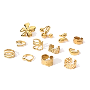 Set of 12 luxury 18k gold plated stainless steel rings with floral and geometric designs