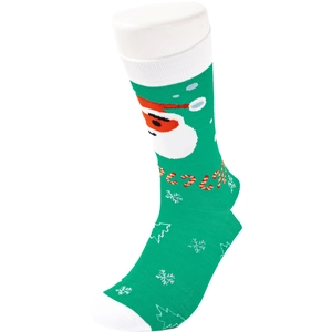 Detailed knit pattern of green Christmas socks featuring Santa Claus and snowflake motifs