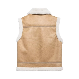 Back view of camel faux suede teddy vest with white faux fur lining and plush trim