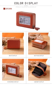 Detail view of brown leather RFID wallet showing card slots and ID window