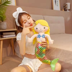 Cute mermaid plush toy doll with yellow hair and colorful sequin tail for girls