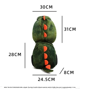 Size chart for plush dinosaur backpack with detachable hood and specific dimensions