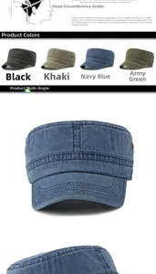 Detail view of washed cotton cadet caps with metal eyelets and head size measurement guide