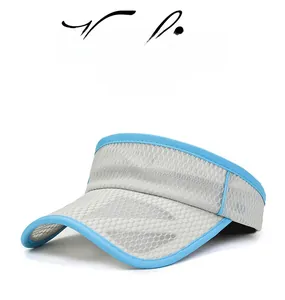 Detail of light grey breathable mesh sun visor with blue trim and sweatband