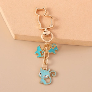 Detail of golden cat-shaped clasp and blue enamel cat silhouettes on a key ring