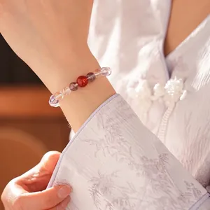 New Chinese style beaded bracelet with white crystal, amethyst, and agate on wrist