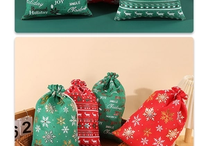 Christmas burlap drawstring gift bags with festive snowflake and reindeer gold patterns