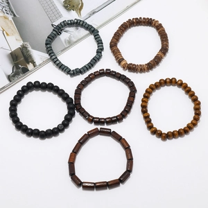 Detailed set of 6 vintage multilayer wooden bead bracelets in mixed natural earth tones
