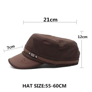 Dark brown cotton cadet cap with star stitching and size measurements shown on white background