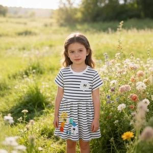 Vestido Rayado De Manga Corta De Algodón Casual Para Niñas Con Parches De Bordado De Sol Nube De Dibujos Animados Vestido De Princesa