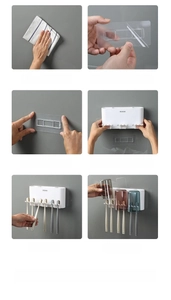 Detailed six-step installation guide for wall-mounted toothbrush holder with cups