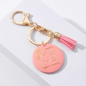 Mama Keychain Wood Round Tag With Tassel Mother's Day Gift Leopard Print Gold Metal Car Key Ring For Women