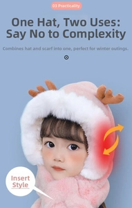 Detailed view of the pink faux fur toddler hooded scarf with cute brown deer antlers