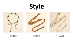 Detailed view of woven Bohemian belts with wooden buckles, seashells and colorful beads