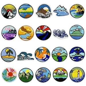 Detailed set of 20 bohemian nature embroidery patches featuring mountains and waves