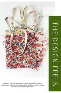 Detail view of assorted floral print canvas tote bags with various flower patterns