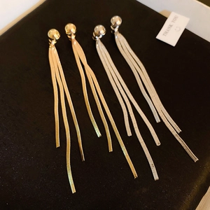 Long tassel drop earrings with snake chain fringe in elegant gold and silver finishes