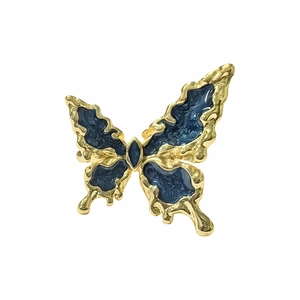 Artistic gold butterfly open ring with deep blue enamel inlay and unique textures