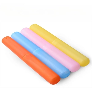 Detail view of portable toothbrush travel cases in four assorted macaron colors