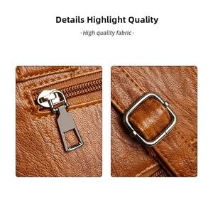 Macro shot of silver metal zipper and hardware on brown pebble grain leather tote bag