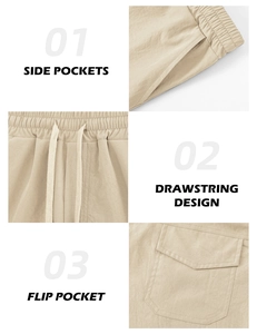 Detail view of khaki shorts featuring side pockets, drawstring waist, and rear flip pockets