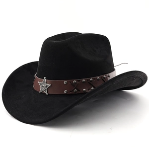 Black western cowboy hat with silver sheriff star and studded leather band in 45-degree view