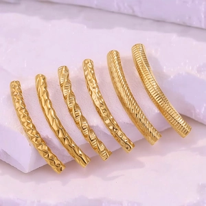 6-piece set of 18K gold-plated stainless steel curved tube beads with embossed patterns