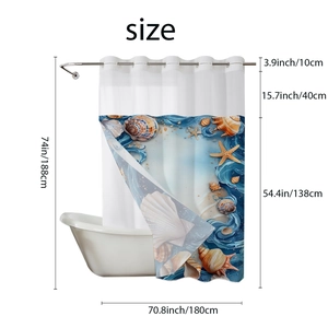 Detail view of marine shower curtain sizing, 71x74 inches with shells and starfish patterns