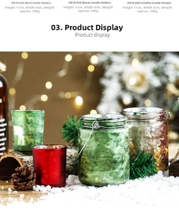 Close-up of frosted Christmas glass candle holder with elk patterns and metal handle