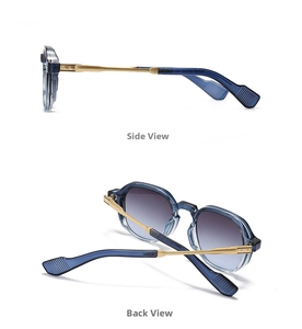Side and back view of narrow retro sunglasses with blue frames and golden metal temples