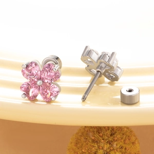 Pink heart clover stud earrings in silver titanium steel with secure screw back closure