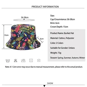 Leaf print bucket hat with size chart showing 56-58cm circumference and cotton blend fabric