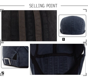 Detail view of washed denim newsboy cap showing stitching and metal adjustable buckle