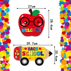 Willkommen zurück in der Schule Türdeko mit rotem Apfel und gelbem Bleistift Motiv