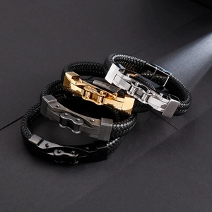 Herren Armband Geflochtenes Leder Edelstahl Fahrradkette Punk Stil Schmuck Magnetverschluss Biker Armband