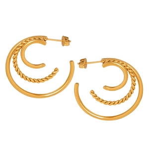 Triple-layered 18K gold plated C-shaped stud earrings with twisted rope and smooth texture
