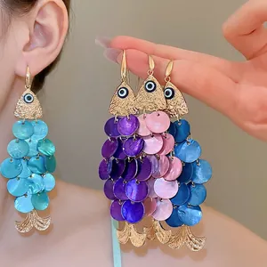 Fish-shaped tassel drop earrings with colorful metallic scales for seaside vacations