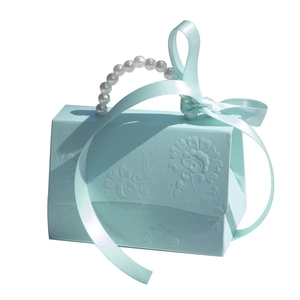 Elegant mint green candy box with embossed patterns, pearl handle, and ribbon decoration