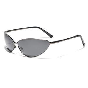 Futuristic gunmetal cat-eye Y2K sunglasses with sleek metallic frames and dark gray lenses