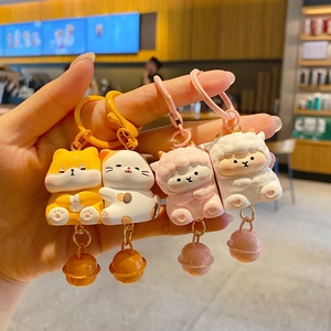 Cute animal couple keychains set featuring resin hamster, cat, and sheep with bells