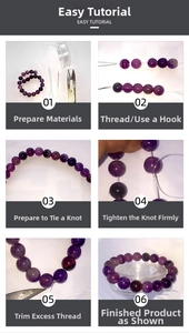 Step-by-step DIY tutorial for beaded amethyst bracelet using clear elastic jewelry cord