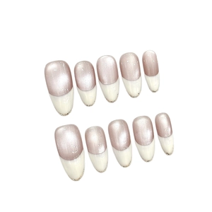 Handmade champagne cat eye french almond press-on nails with glitter accent set