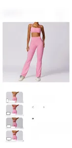 Detail of pink yoga set featuring thin strap vest and high-waist flared pants