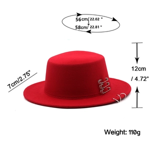 Red wool fedora hat with silver safety pins and flat brim details for unisex fashion