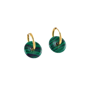 Minimalist gold hoop earrings with green malachite stone pendants on white background